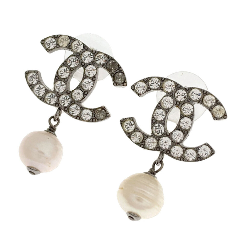 CHANEL Silver Pearl Logo Earrings
